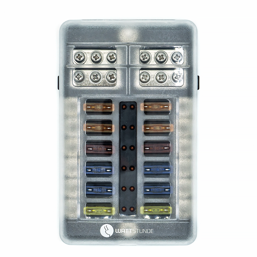 WATTSTUNDE® Plus Distributor 12 mit je 4 x 5 A, 10 A, 15 A, 20 A Flachsicherungen
